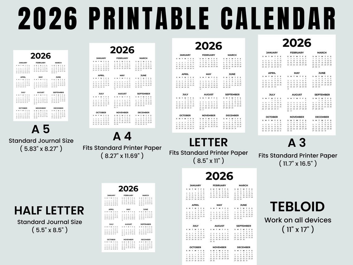 2026 Year at a Glance Calendar Printable | Full Year One Page | A4, A3