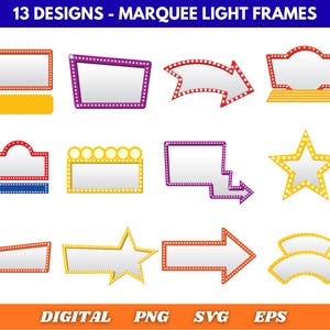 May include: A selection of 13 marquee light frame designs in diverse shapes, such as rectangles, arrows, and stars. Each frame features a white interior and is outlined with small, evenly spaced lights. The text "13 DESIGNS - MARQUEE LIGHT FRAMES" is at the top.