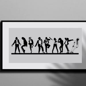 May include: Black and white framed print featuring a series of stylized silhouettes of a person in various dance poses. The figures are depicted on a horizontal black line against a light gray background. The frame is black.