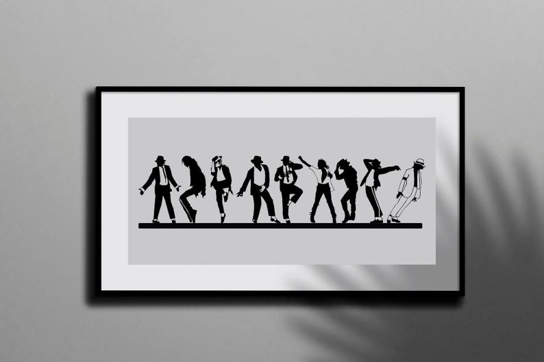May include: Black and white framed print featuring a series of stylized silhouettes of a person in various dance poses. The figures are depicted on a horizontal black line against a light gray background. The frame is black.