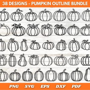 May include: A collection of 38 pumpkin outline designs in various shapes and styles. The black line art pumpkins are arranged on a white wood-grain background. The image includes the text "38 DESIGNS - PUMPKIN OUTLINE BUNDLE" and file type options.