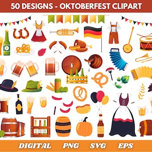 Può includere: Una collezione di illustrazioni clipart a tema Oktoberfest. L'immagine presenta vari elementi come boccali di birra, pretzel, salsicce, abiti tradizionali, strumenti musicali e la bandiera tedesca. Il testo "50 DESIGNS - OKTOBERFEST CLIPART" è in alto.