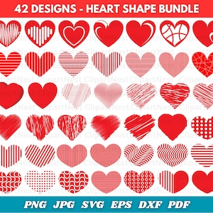 May include: A collection of 42 red heart designs with various patterns, including stripes, dots, and solid fills. The text "42 DESIGNS - HEART SHAPE BUNDLE" is at the top, with file type options at the bottom.
