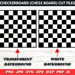May include: Two black and white checkerboard patterns, one with a transparent background and the other with a white background. The image includes file format options: PNG, JPG, SVG, EPS, DXF, PDF, and Ai.
