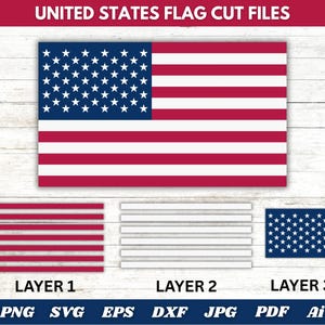 Puede incluir: Un conjunto de diseño digital con la bandera de los Estados Unidos, con capas separadas para cortar. El diseño incluye las estrellas y las rayas de la bandera, y está disponible en varios formatos de archivo, incluyendo PNG, SVG, EPS, DXF, JPG, PDF y AI.
