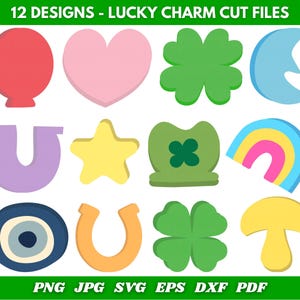 Puede incluir: Una colección de 12 diseños de amuletos de la suerte coloridos, que incluyen un globo rojo, un corazón rosa, un trébol verde, una luna creciente azul, una herradura morada, una estrella amarilla, un sombrero de duende verde, un arcoíris, un ojo azul, una herradura naranja, un trébol verde y un hongo amarillo. El texto en la parte superior dice "12 DESIGNS - LUCKY CHARM CUT FILES".