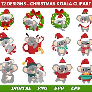 May include: A collection of 12 Christmas-themed koala bear clipart designs. Each koala is depicted in a festive outfit, including Santa hats, scarves, and sweaters. Some koalas are nestled in wreaths or holding holiday treats. The designs are labeled "DIGITAL PNG SVG EPS".