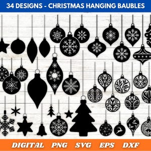 May include: A collection of 34 black Christmas hanging bauble designs. The ornaments include stars, snowflakes, bells, and Christmas trees. The text at the top reads "34 DESIGNS - CHRISTMAS HANGING BAUBLES".