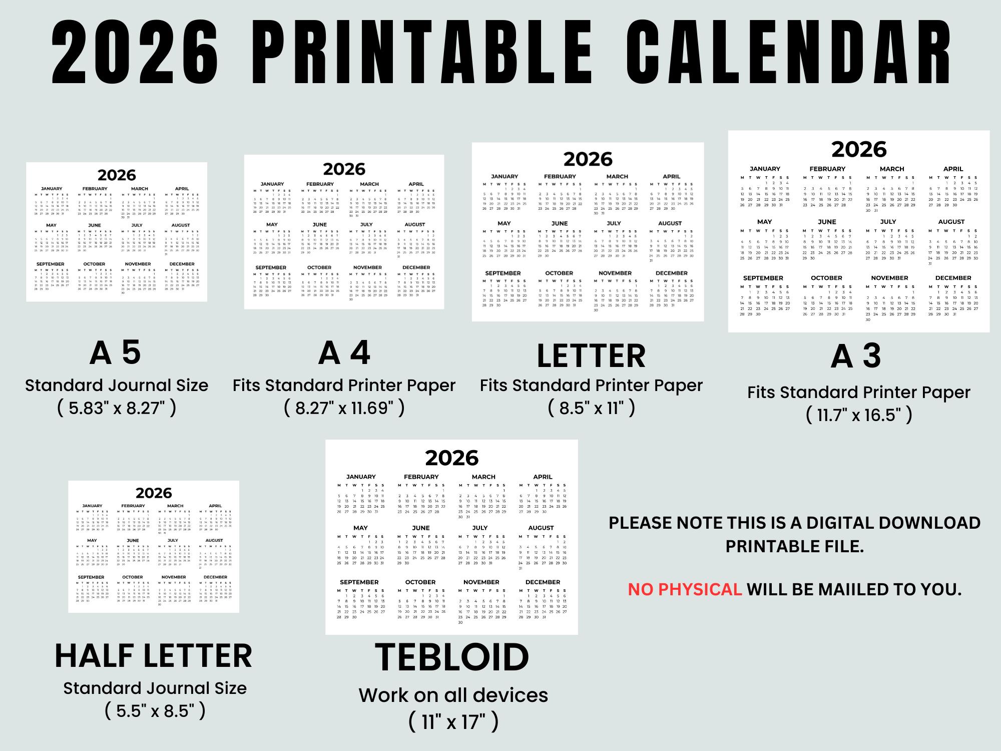 2026 Year at a Glance Calendar Printable | Full Year One Page | A4, A3 ...