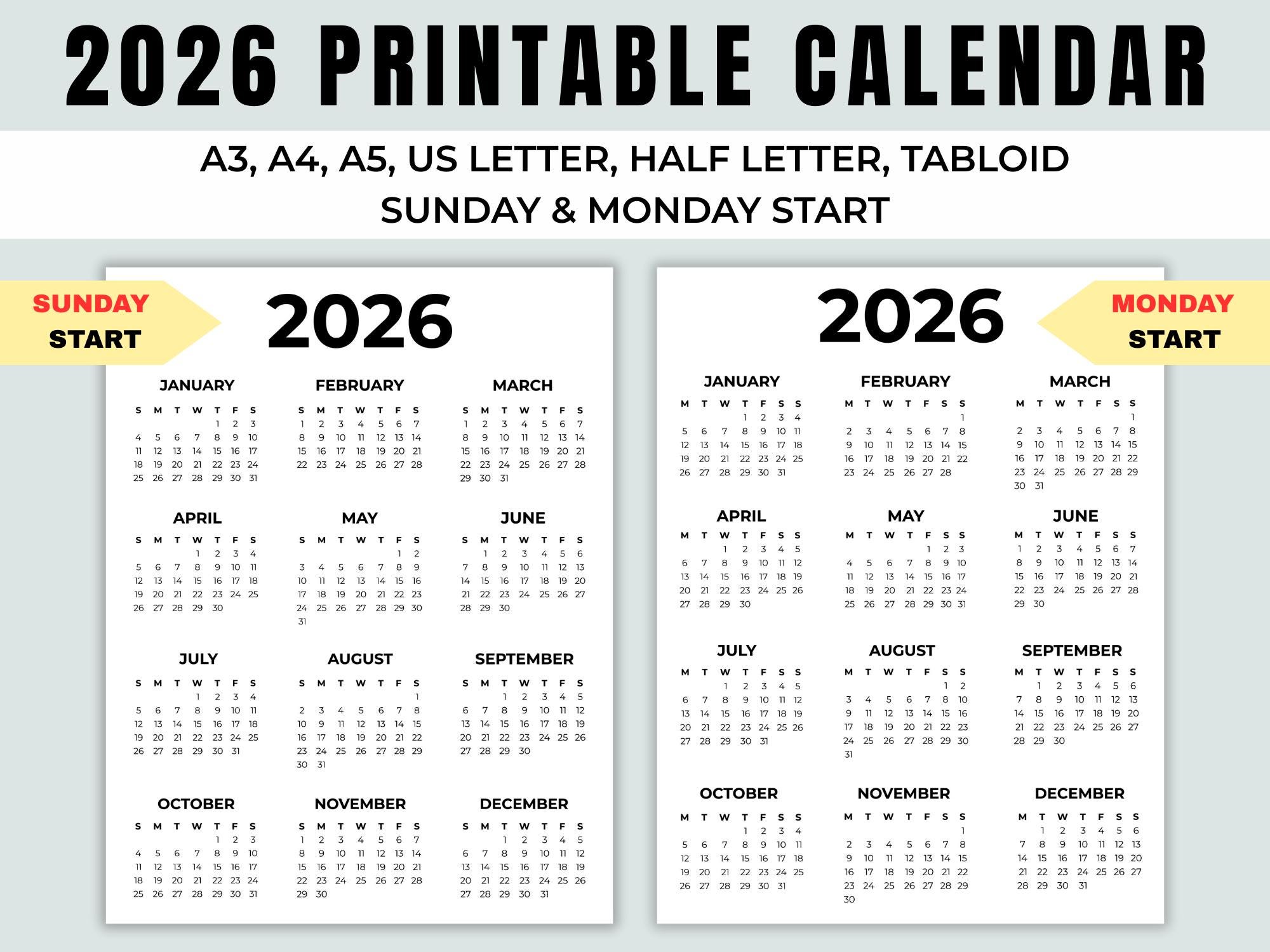 2026 Year at a Glance Calendar Printable | Full Year One Page | A4, A3 ...