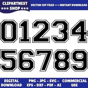 Op de afbeelding: Zwarte en witte digitale vector snijbestanden van de nummers 0-9. Elk nummer heeft een vet, blokkerig ontwerp met een witte omtrek. De afbeelding bevat de tekst "CLIPARTNEST" en "VECTOR CUT FILES... INSTANT DOWNLOAD".