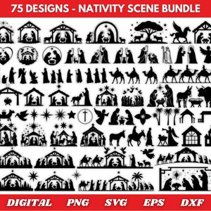 Op de afbeelding: Een verzameling van 75 zwarte kerststalontwerpen in verschillende stijlen. Silhouetten omvatten de Heilige Familie, engelen, dieren en sterren. Tekst bovenaan luidt "75 DESIGNS - NATIVITY SCENE BUNDLE". Digitale bestandsformaten staan onderaan.