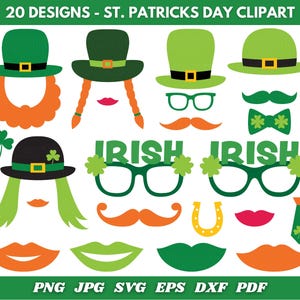 St Patrick’s Day Clipart, irländsk fotoautomatsrekvisita, pysslinghatt med skägg och glasögon PNG SVG, Cricut Cut-filer