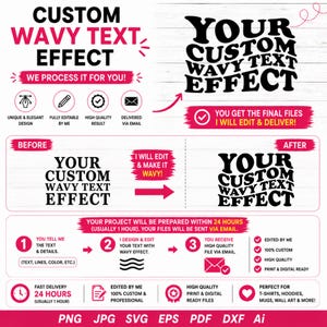 May include: A digital service advertisement for custom wavy text effects. The graphic displays the text 'YOUR CUSTOM WAVY TEXT EFFECT' in a bold, distorted font, alongside instructional icons, process steps, and file format labels including PNG, JPG, SVG, EPS, PDF, DXF, and Ai.