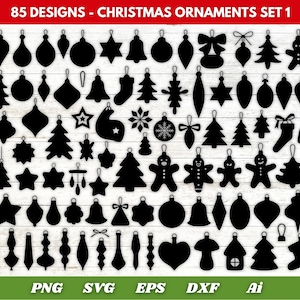Könnte beinhalten: Eine Sammlung von 85 schwarzen Weihnachtsornament-Designs in verschiedenen Formen, darunter Sterne, Glocken, Bäume und Lebkuchenmänner. Der Text "85 DESIGNS - CHRISTMAS ORNAMENTS SET 1" steht oben.