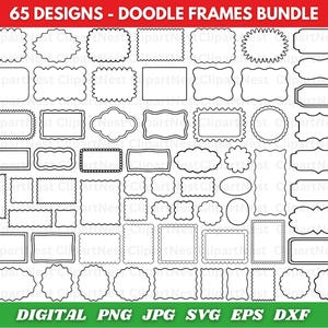Puede incluir: Una colección de 65 diseños de marcos de garabatos negros de varias formas, incluyendo rectángulos, óvalos y bordes decorativos. El texto "65 DESIGNS - DOODLE FRAMES BUNDLE" es visible. El texto inferior dice "DIGITAL PNG JPG SVG EPS DXF".
