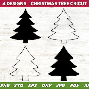 May include: Four Christmas tree designs in black and white, perfect for Cricut projects. Two solid black trees and two outlined trees are displayed on a white wood-grain background. The top banner reads "4 DESIGNS - CHRISTMAS TREE CRICUT".