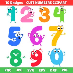 May include: A collection of ten colorful, cartoon-style numbers, each with a unique design and facial expression. The numbers are in various colors, including teal, pink, orange, green, blue, purple, yellow, red, and light blue. The text "10 Designs - CUTE NUMBERS CLIPART" is at the top.