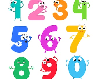 Imágenes prediseñadas de números lindos / 10 personajes de números de dibujos animados PNG JPG SVG Eps Dxf Pdf / Ilustraciones de matemáticas para niños para aprender, pegatinas y manualidades