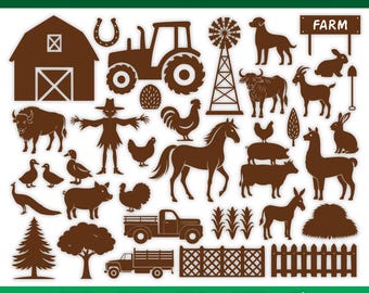 May include: A collection of 35 brown farm-themed silhouette designs, including a barn, tractor, windmill, dog, and various farm animals. The text at the top reads "35 DESIGNS - FARM SILHOUETTE BUNDLE".