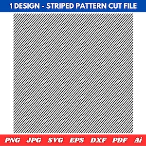 Könnte beinhalten: Ein digitales Design mit einem schwarz-weißen Streifenmuster. Das Design ist oben mit "1 DESIGN - STRIPED PATTERN CUT FILE" beschriftet. Am unteren Rand des Bildes sind Dateiformate aufgeführt: PNG, JPG, SVG, EPS, DXF, PDF und Ai.