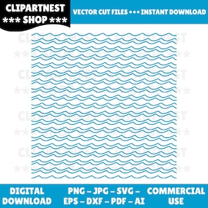 Könnte beinhalten: Digitaler Download-Grafik mit einem sich wiederholenden wellenförmigen Muster in Türkisblau auf weißem Hintergrund. Das Bild enthält den Text "CLIPARTNEST *** SHOP ***" und "VECTOR CUT FILES ... INSTANT DOWNLOAD". Zusätzlicher Text umfasst "DIGITAL DOWNLOAD" und Dateitypoptionen.