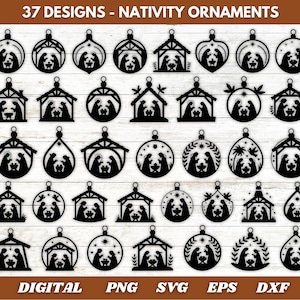 Könnte beinhalten: Eine Sammlung von 37 schwarzen Krippen-Ornament-Designs. Die Ornamente, in verschiedenen Formen wie Kreisen und Häusern, zeigen die Krippenszene. Der Text "37 DESIGNS - NATIVITY ORNAMENTS" steht oben. Darunter stehen die Wörter "DIGITAL PNG SVG EPS DXF".