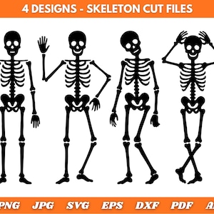 May include: Four black skeleton cut file designs. Each skeleton is in a different pose, with arms raised, waving, or crossed. The skeletons are set against a white background. The top of the image reads "4 DESIGNS - SKELETON CUT FILES".