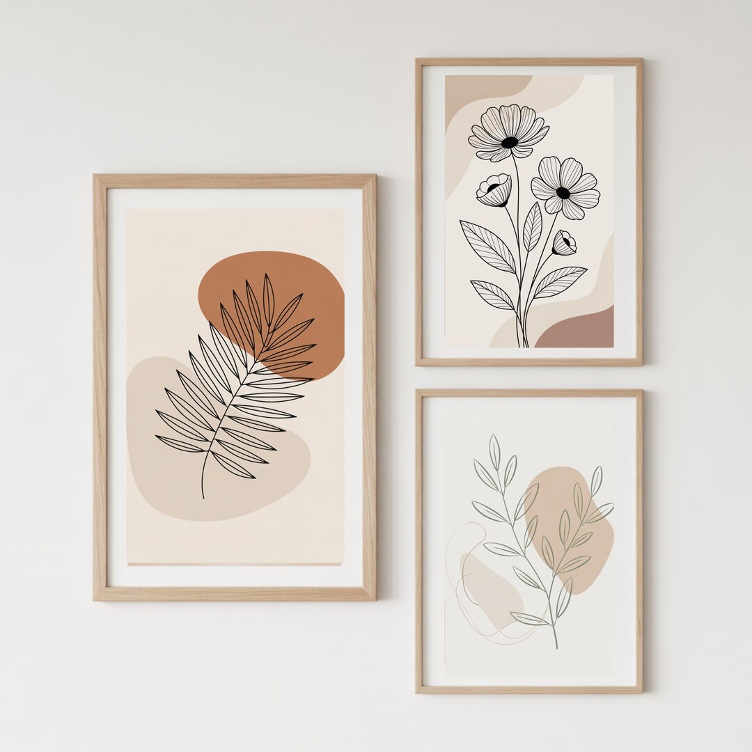 Abstract Botanical Wall Art Set of 3, Neutral Boho Line Art Prints ...