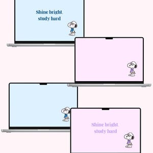 May include: Four laptops with screens displaying the text "Shine bright. study hard" and a Snoopy cartoon character. The screens are various pastel colors, including light blue and pink. The laptops are on a light pink background.