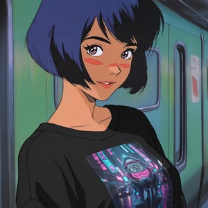 Peut inclure: Illustration de style anime d'une personne à la peau foncée avec des cheveux courts bicolores bleus et noirs. Elle porte un t-shirt noir à manches longues avec un graphisme néon d'un tigre portant des lunettes futuristes. L'arrière-plan suggère un wagon de métro.