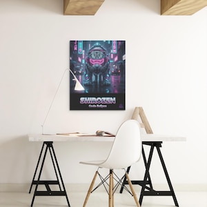Peut inclure: Une affiche noire représentant un tigre dans un cadre futuriste, éclairé par des lumières néon roses et bleues. Le tigre porte un casque avec des lunettes roses. L'affiche porte les inscriptions "SHIROZEN" et "Code Eclipse".