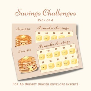 May include: Two beige savings challenge cards with the text "Savings Challenges" and "Pancake Savings." One card has a stack of pancakes with syrup and butter, and the other has cartoon butter cubes. The cards are for A6 budget binder envelope inserts.