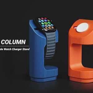 May include: Two Apple Watch charger stands. One is blue and holds a watch with a black strap. The other is orange with a white charging pad. The stands have a ribbed texture and are labeled "COLUMN Apple Watch Charger Stand."