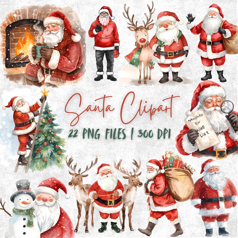 Watercolor Santa Clipart Bundle, Christmas PNG Illustrations (300 DPI ...