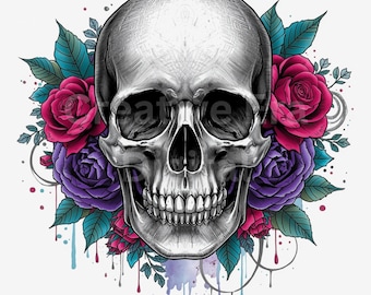 Floral Skull Sublimation Design | Halloween Skull | Gothic Roses Art (PNG, JPG) | 300 DPI