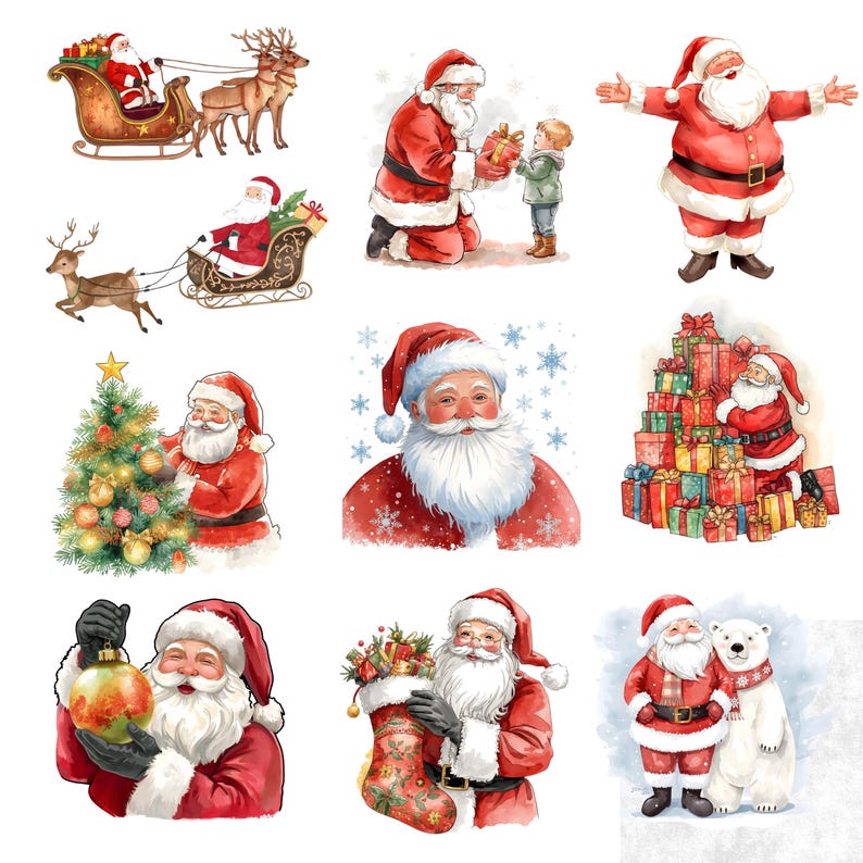 Watercolor Santa Clipart Bundle, Christmas PNG Illustrations (300 DPI ...
