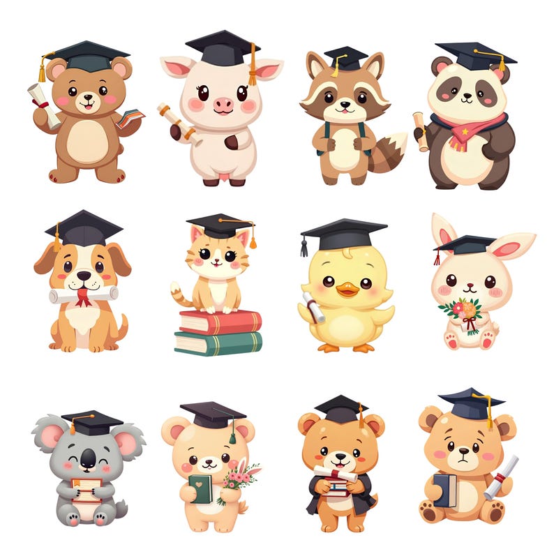 Kawaii Graduation Animals Clipart Bundle, 42 PNG Files (digital ...