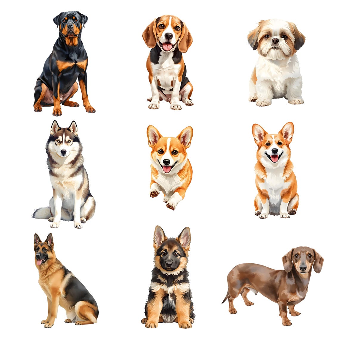 Watercolor Dog Breeds Clipart Bundle, Realistic Puppy PNG Graphics (41 ...
