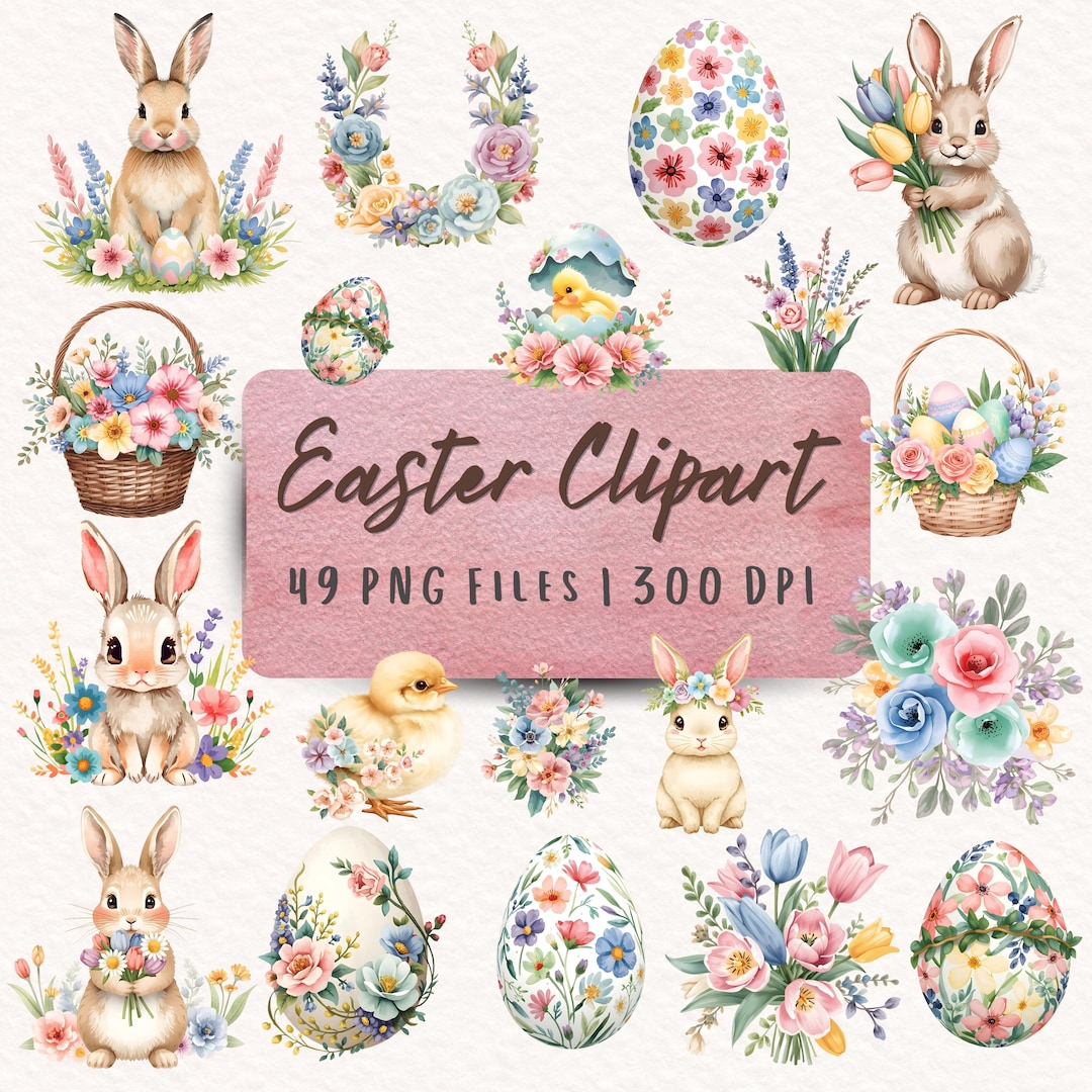 Watercolor Easter Clipart Bundle, Bunny Eggs Spring Floral PNG (300 DPI ...
