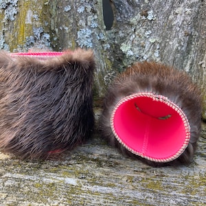 Beaver Fur Can And Bottle Cooler/Cozy With Pink Neoprene Insert (listing is for one cozy)