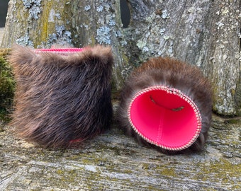 Beaver Fur Can And Bottle Cooler/Cozy With Pink Neoprene Insert (listing is for one cozy)