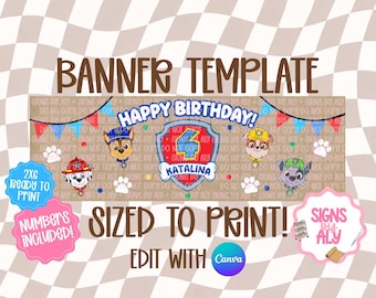 Plantilla de pancarta de Patrol Pups / Maqueta de pancarta de cumpleaños / Canva editable / Descarga digital