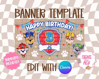 Modello di striscione per cuccioli di pattuglia / Modello di striscione di compleanno / Canva modificabile / Download digitale