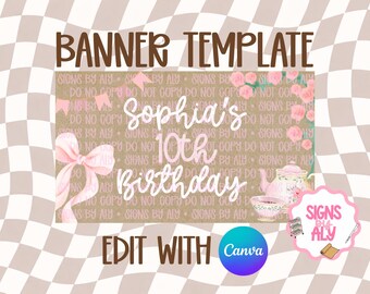 Tea Party Birthday Banner Template | Editable Canva Design (Digital Download)