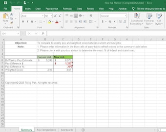 May include: A screenshot of an Excel spreadsheet titled "New Job Planner." The spreadsheet compares bi-weekly pay and weighted scores for current and new jobs. The text "Copyright © 2025 Ricky Pan. All rights reserved." is visible.