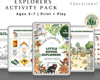 May include: A colorful activity pack titled "Little Aussie Explorers" for ages 3-7, featuring Australian animals and icons. The pack includes pages for coloring and hands-on learning, with the text "Print + Play".