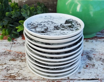 German Souvenir Mini Plates, Butter Pats, Set of 11 Vintage and Beautiful Black and White Inspiring Scenes of Travel Locations