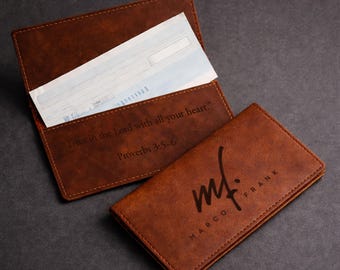Funda personalizada para chequera, chequera de cuero, cartera y portachequera, regalo para el Día del Padre, funda para chequera grabada, regalo para él.