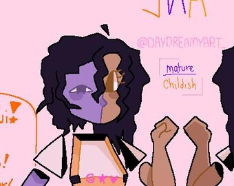 Op de afbeelding: Digitale illustratie van een personage genaamd ENA, met een tweekleurig gezicht, donker haar en een oranje en paarse outfit. De afbeelding bevat tekstballonnen met zinnen als "Pretty Color" en "I'm the BEST."